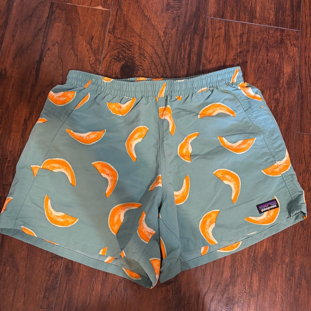 Patagonia Sage Green Swim Shorts with Orange Fruit Slice Print